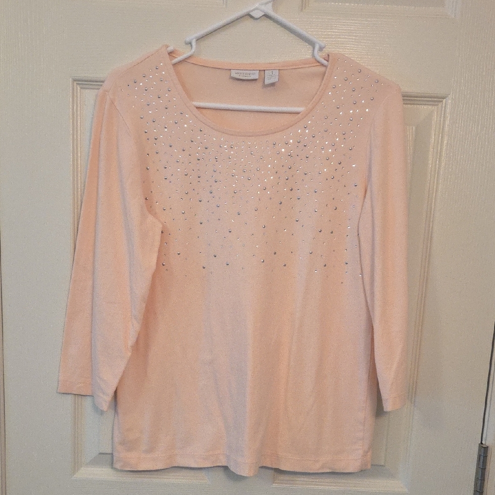 Weekends Chico's Women's Blush Pink Sparkly Embellished Shirt Top Size 1